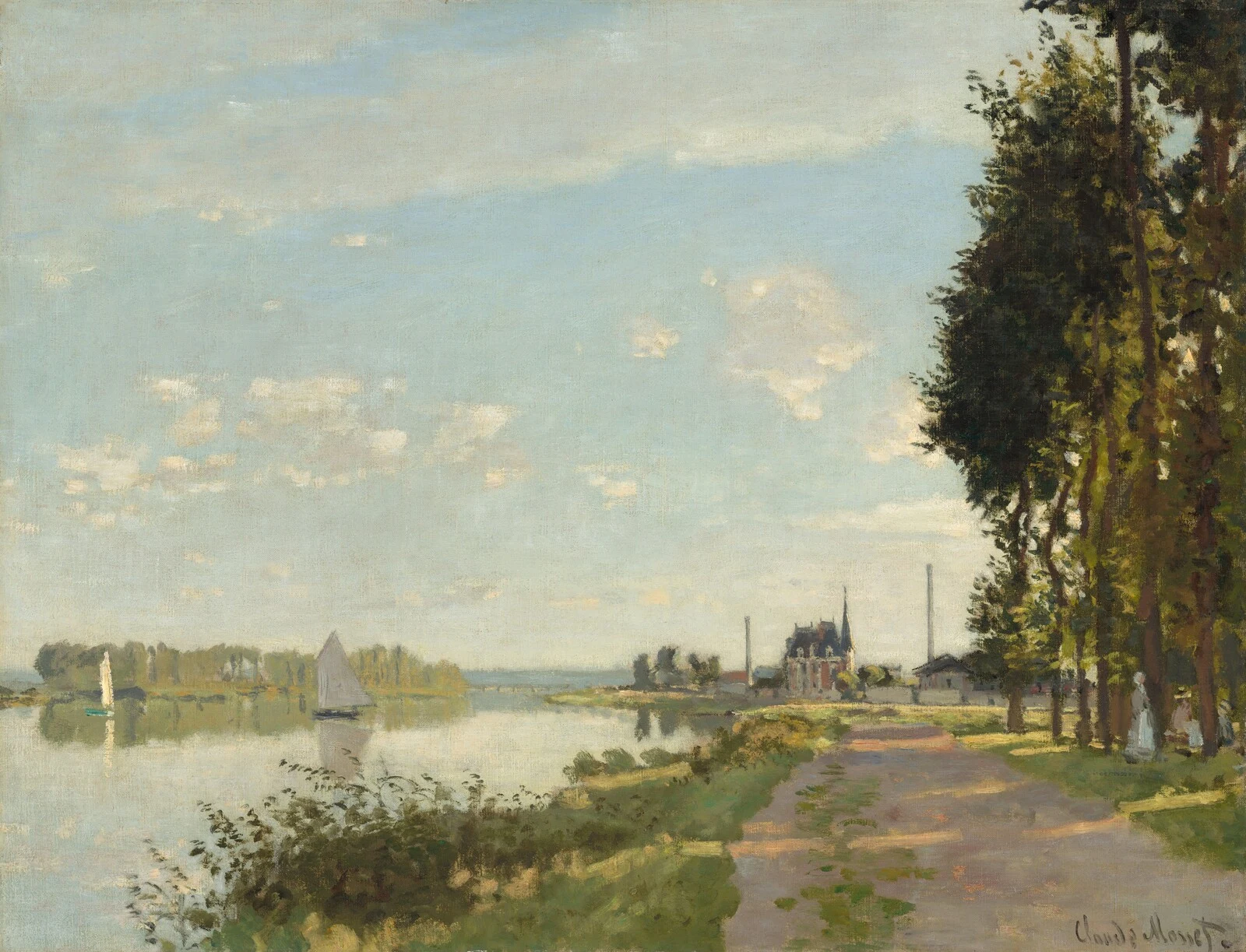 Monet’s Argenteuil: a sunlit riverside path, sailboats, and tall green trees.