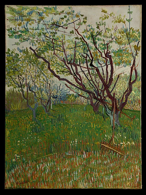 The Flowering Orchard by Vincent van Gogh, with delicate pink blossoms under a pale sky
